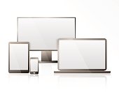 Realistic Computer, Laptop, Tablet and Mobile Phone with Transparent Wallpaper Screen Isolated. Set of Device Mockup Separate Groups and Layers. Easily Editable Vector