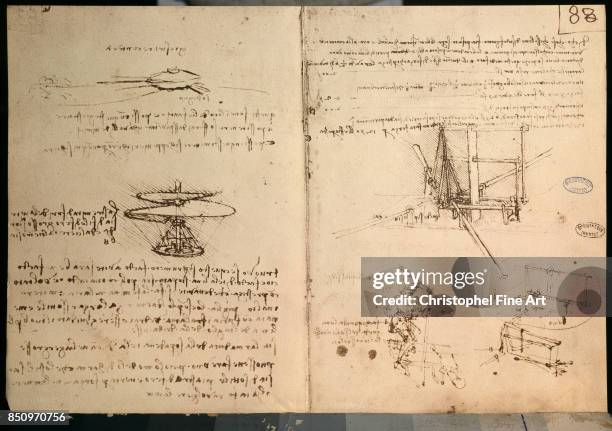 Leonardo Da Vinci Drawing of a Flying Machine. Paris, Bibliotheque de l'Institut.