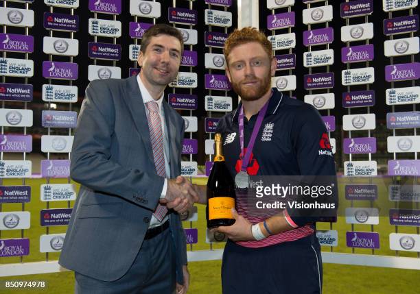 England batsman Jonathan Bairstow receives his man of the match award after the 1st Royal London One Day International match between England and West...