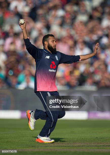 Adil Rashid of England bowling during the Royal London One Day International between England and the West Indies at Old Trafford on September 19,...