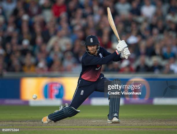 Jonny Bairstow of England batting during the Royal London One Day International between England and the West Indies at Old Trafford on September 19,...