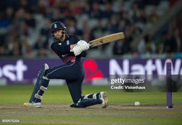 Jonny Bairstow of England batting during the Royal London One Day International between England and the West Indies at Old Trafford on September 19,...