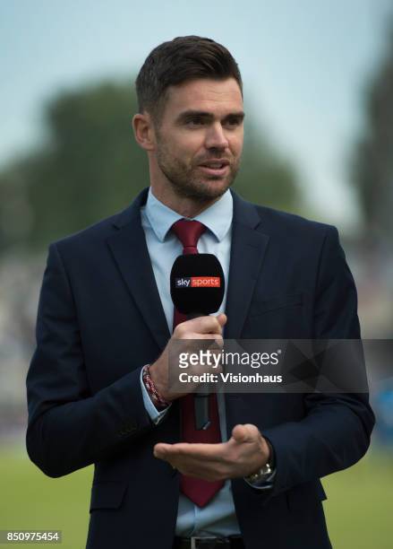 Jimmy Anderson commentates for Sky TV before the Royal London One Day International between England and the West Indies at Old Trafford on September...