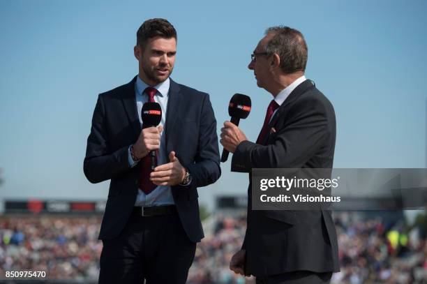 Jimmy Anderson and David Lloyd commentate for Sky TV before the Royal London One Day International between England and the West Indies at Old...