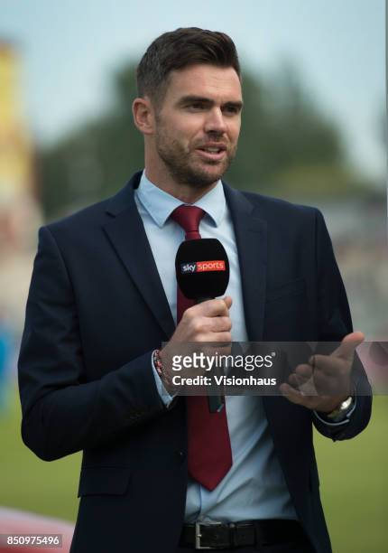 Jimmy Anderson commentates for Sky TV before the Royal London One Day International between England and the West Indies at Old Trafford on September...