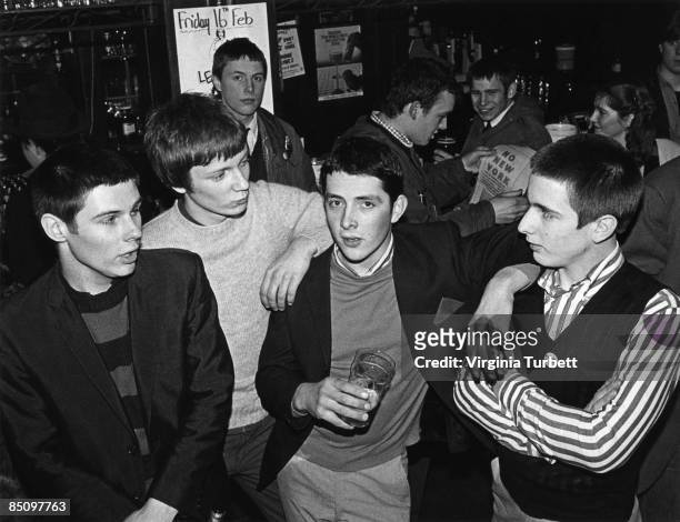 Photo of PURPLE HEARTS; Group in a pub - L-R Bob Manton, Simon Stebbing, Gary Sparks and Jeff Shadbolt