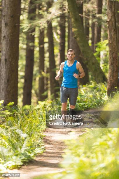 junge männliche trailrunning im wald - confidence male landscape stock-fotos und bilder