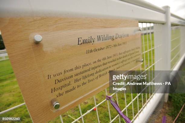 General view of a plaque on Tattenham Corner where Suffragette Emily Davison sustained fatal injuries after being hit by King George V's horse Anmer...