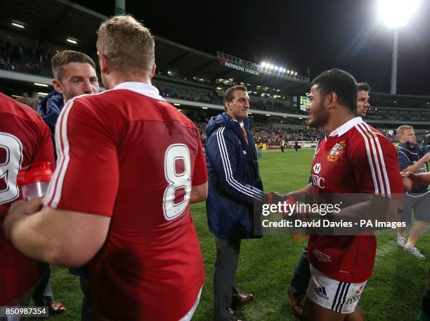 British and Irish Lions' Sam Warburton greets teammate Manu Tuilagi after the final whistle