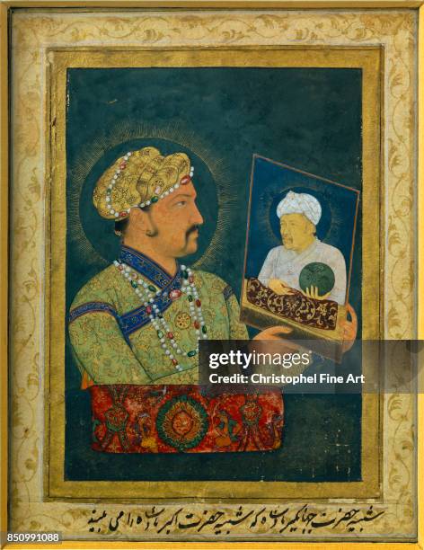Oriental Art. Portrait of Akbar holding the portrait of his father. Paris, musee Guimet.