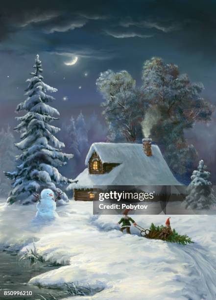 stockillustraties, clipart, cartoons en iconen met xmas night, olieverfschilderij - dorp