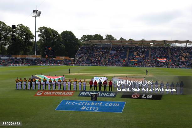 India and South Africa line up before the match during the ICC Champions Trophy match, at the SWALEC Stadium, Cardiff.