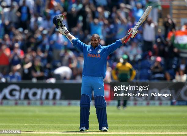 India's Shikhar Dhawan celebrates his 100 not out against South Africa on opening day of the ICC Champions Trophy. The SWALEC Stadium, Cardiff.