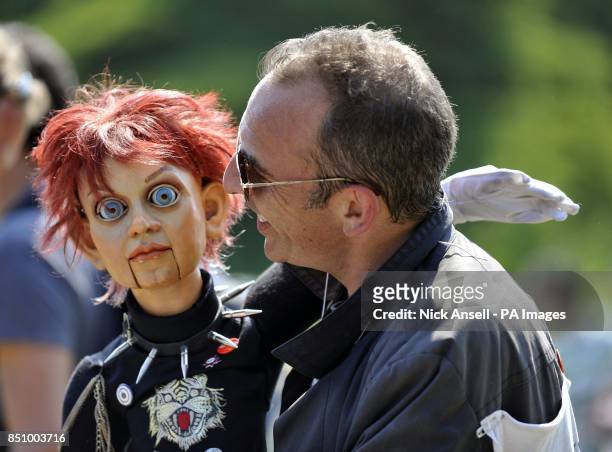 Judd Charlton and his dummy protest at the Grove Hotel, in Watford during the Bilderberg Group summit meeting attended by , politicians, billionaire...