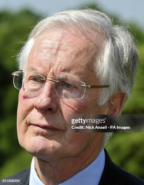 Michael Meacher, the Labour MP, speaks to the media at the Grove Hotel, in Watford prior to the Bilderberg Group summit meeting attended by...