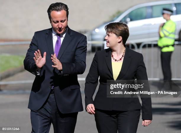 Prime Minister David Cameron with Scottish Conservative Leader Ruth Davidson MSP as he arrives at the Albert Halls in Stirling ahead of the Scottish...