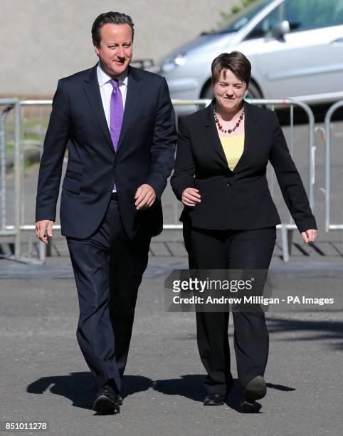 Prime Minister David Cameron with Scottish Conservative Leader Ruth Davidson MSP as he arrives at the Albert Halls in Stirling ahead of the Scottish...