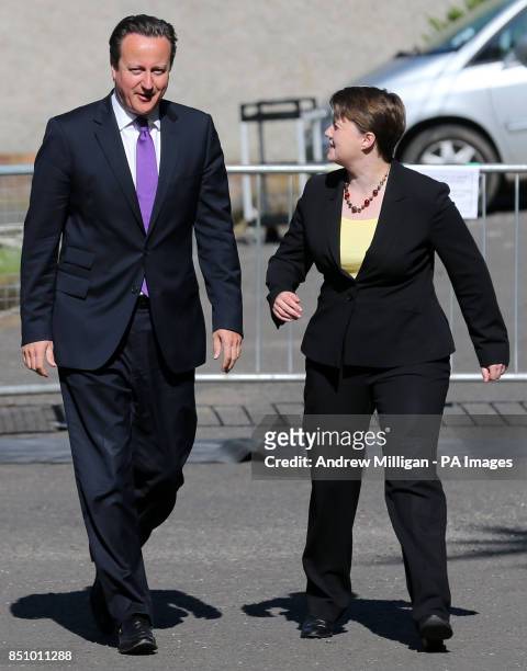 Prime Minister David Cameron with Scottish Conservative Leader Ruth Davidson MSP as he arrives at the Albert Halls in Stirling ahead of the Scottish...
