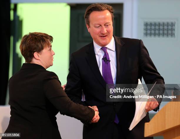 Prime Minister David Cameron with Scottish Conservative Leader Ruth Davidson before speaking at the Albert Halls in Stirling on the first day of the...