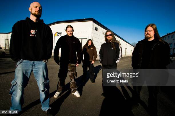 Photo of MESHUGGAH and Marten HAGSTROM and Tomas HAAKE and Fredrik THORDENDAL and Jens KIDMAN and Dick LOVGREN; Posed group portrait L-R Jens Kidman,...