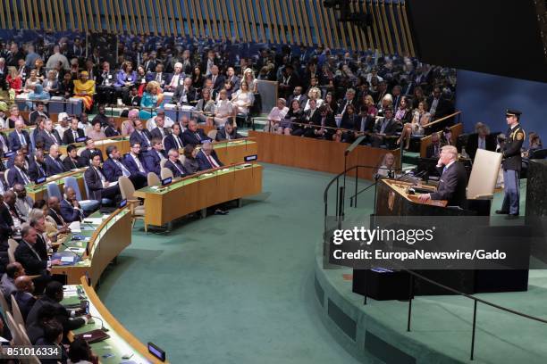 President Donald Trump speaking at the 72nd General Assembly at the UN Headquarters in New York City, New York, September 19, 2017.