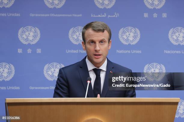 Emmanuel Macron, President of France, addresses a press conference in the margins of the General Assembly at the UN Headquarters in New York City,...