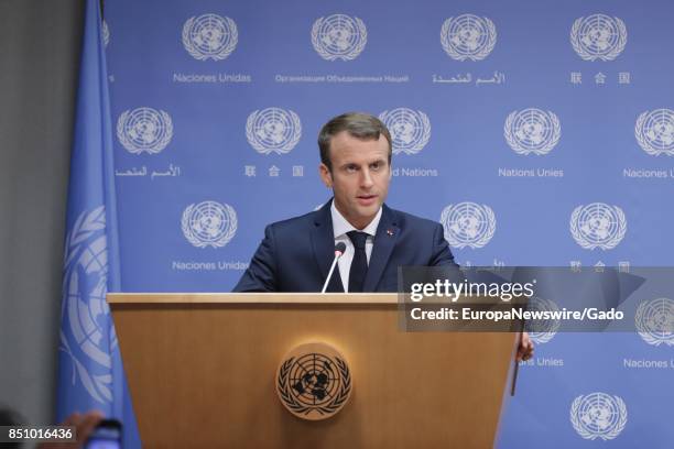 Emmanuel Macron, President of France, addresses a press conference in the margins of the General Assembly's annual general debate at the United...