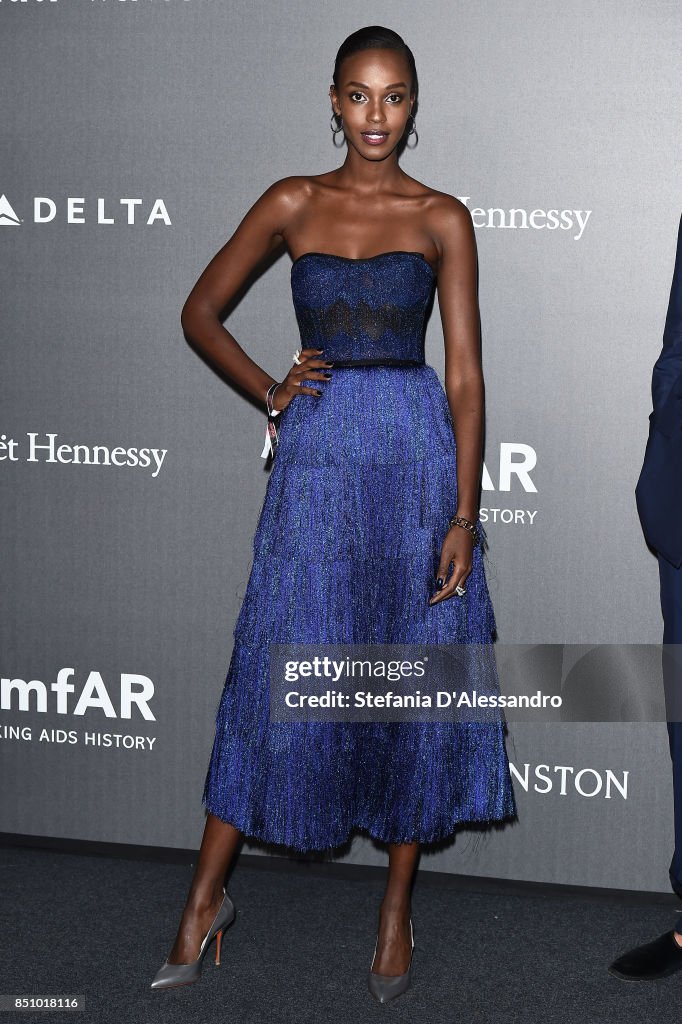 Leila Nda walks the red carpet of amfAR Gala Milano on September 21