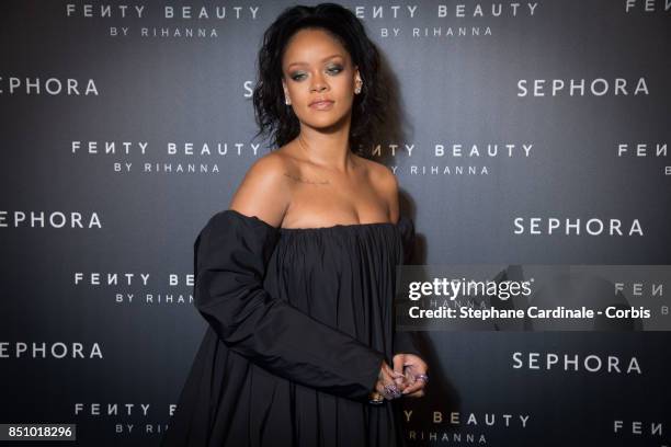 Rihanna poses as she arrives to the Fenty Beauty By Rihanna Paris Launch Party hosted by Sephora at Jardin des Tuileries on September 21, 2017 in...