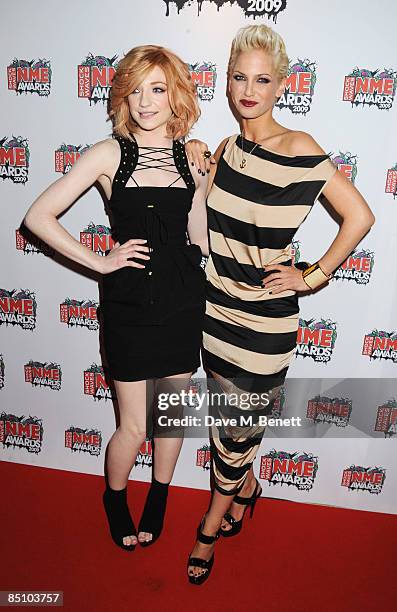 Nicola Roberts and Sarah Harding of Girls Aloud arrive at the Shockwaves NME Awards 2009, at the O2 Brixton Academy on February 25, 2009 in London,...