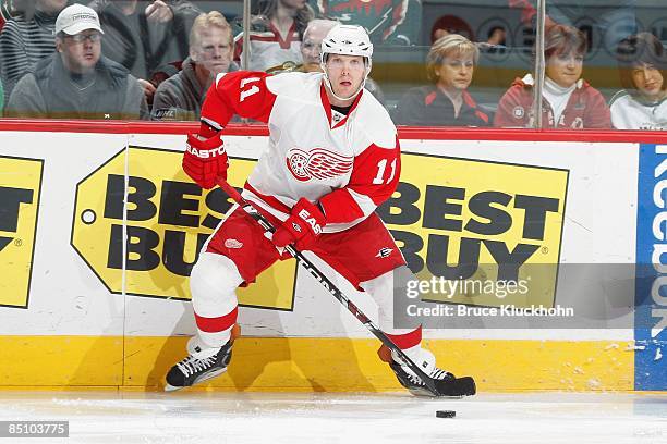 Daniel Cleary of the Detroit Red Wings handles the puck against the Minnesota Wild during the game at the Xcel Energy Center on February 21, 2009 in...