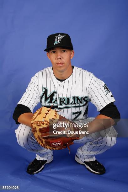 Kyle Skipworth of the Florida Marlins poses during photo day at Roger Dean Stadium on February 22, 2009 in Jupiter, Florida.