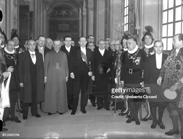 State of Vatican, Rome, February 11, 1949. Prime Minister of Italy Alcide De Gasperi and Undersecretary of State Giulio Andreotti received at the...
