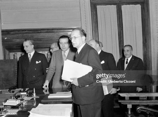 Rome, Italy, 1947. The fifth De Gasperi government: the second on the left is Umberto Tupini, then the Christian Democrat Guilio Andreotti and Alcide...