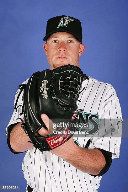 Logan Kensing of the Florida Marlins poses during photo day at Roger Dean Stadium on February 22, 2009 in Jupiter, Florida.