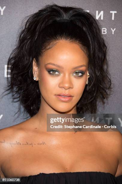 Rihanna poses as she arrives to the Fenty Beauty By Rihanna Paris Launch Party hosted by Sephora at Jardin des Tuileries on September 21, 2017 in...