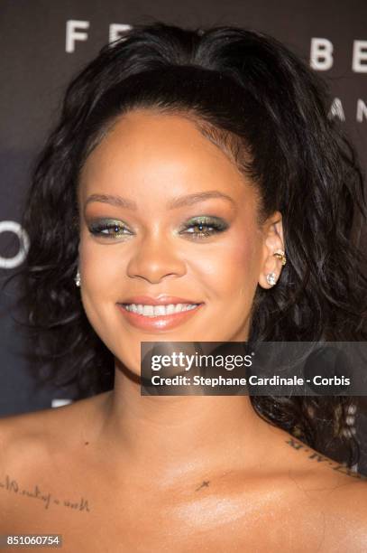 Rihanna poses as she arrives to the Fenty Beauty By Rihanna Paris Launch Party hosted by Sephora at Jardin des Tuileries on September 21, 2017 in...