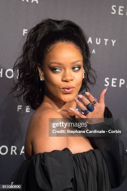 Rihanna poses as she arrives to the Fenty Beauty By Rihanna Paris Launch Party hosted by Sephora at Jardin des Tuileries on September 21, 2017 in...