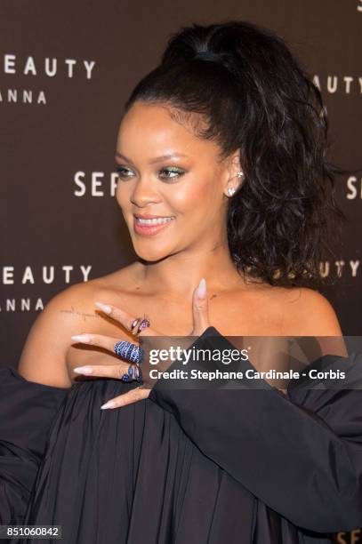 Rihanna poses as she arrives to the Fenty Beauty By Rihanna Paris Launch Party hosted by Sephora at Jardin des Tuileries on September 21, 2017 in...