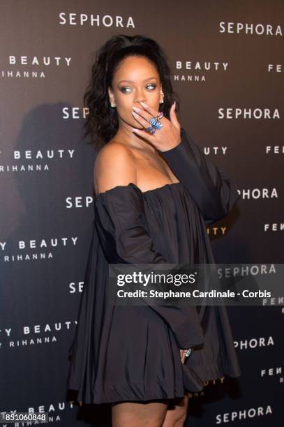 Rihanna poses as she arrives to the Fenty Beauty By Rihanna Paris Launch Party hosted by Sephora at Jardin des Tuileries on September 21, 2017 in...