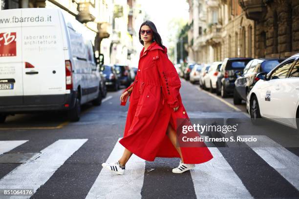 Marsica Fossati is wearing of Luisa Via Roma is seen outside of showroom of LVR during Milan Fashion Week Spring/Summer 2018 on September 21, 2017 in...
