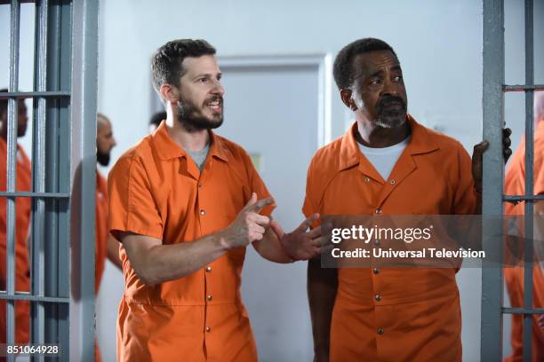 The Big House Pt. 2" Episode 502 -- Pictured: Andy Samberg as Jake Peralta, Tim Meadows as Caleb --