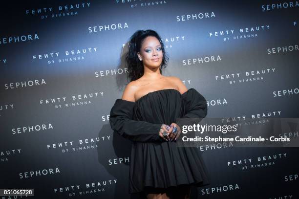 Rihanna poses as she arrives to the Fenty Beauty By Rihanna Paris Launch Party hosted by Sephora at Jardin des Tuileries on September 21, 2017 in...