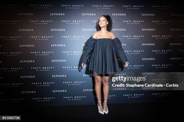 Rihanna poses as she arrives to the Fenty Beauty By Rihanna Paris Launch Party hosted by Sephora at Jardin des Tuileries on September 21, 2017 in...