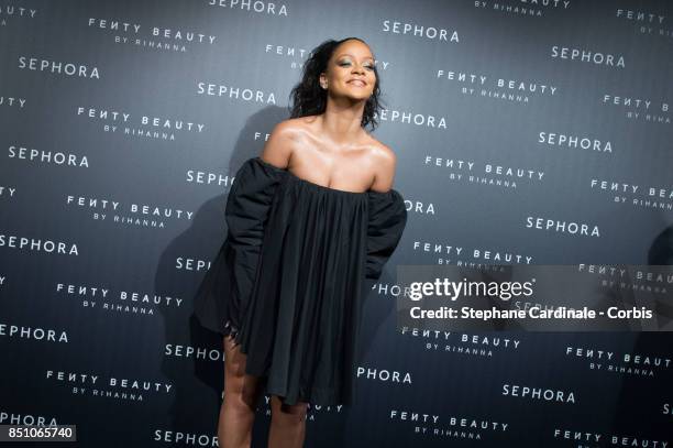 Rihanna poses as she arrives to the Fenty Beauty By Rihanna Paris Launch Party hosted by Sephora at Jardin des Tuileries on September 21, 2017 in...