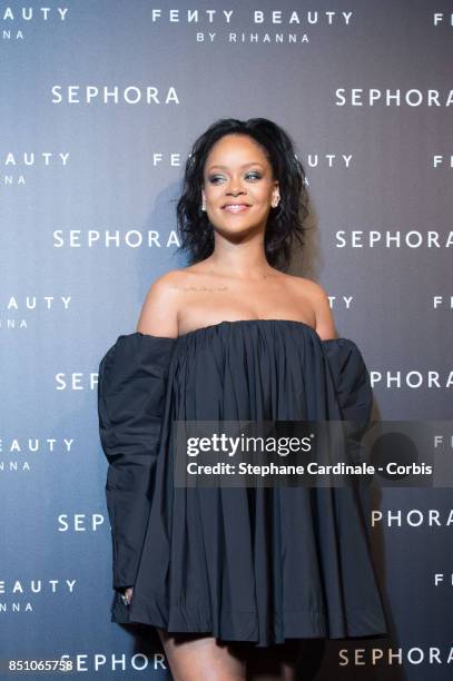 Rihanna poses as she arrives to the Fenty Beauty By Rihanna Paris Launch Party hosted by Sephora at Jardin des Tuileries on September 21, 2017 in...