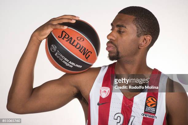 Hollis Thompson, #34 poses during Olympiacos Piraeus 2016/2017 Turkish Airlines EuroLeague Media Day at Peace and Friendship Arena on September 20,...