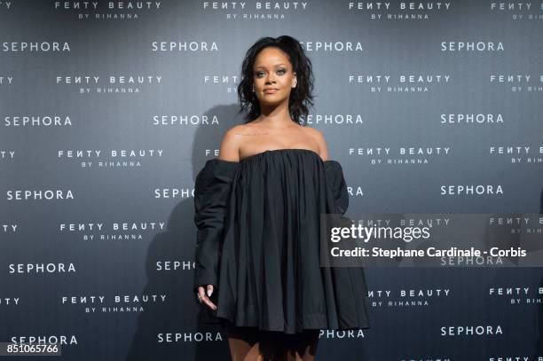 Rihanna poses as she arrives to the Fenty Beauty By Rihanna Paris Launch Party hosted by Sephora at Jardin des Tuileries on September 21, 2017 in...