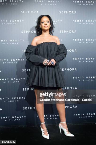 Rihanna poses as she arrives to the Fenty Beauty By Rihanna Paris Launch Party hosted by Sephora at Jardin des Tuileries on September 21, 2017 in...