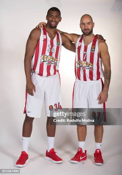 Hollis Thompson, #34 and Vassilis Spanoulis, #7 of poses during Olympiacos Piraeus 2016/2017 Turkish Airlines EuroLeague Media Day at Peace and...